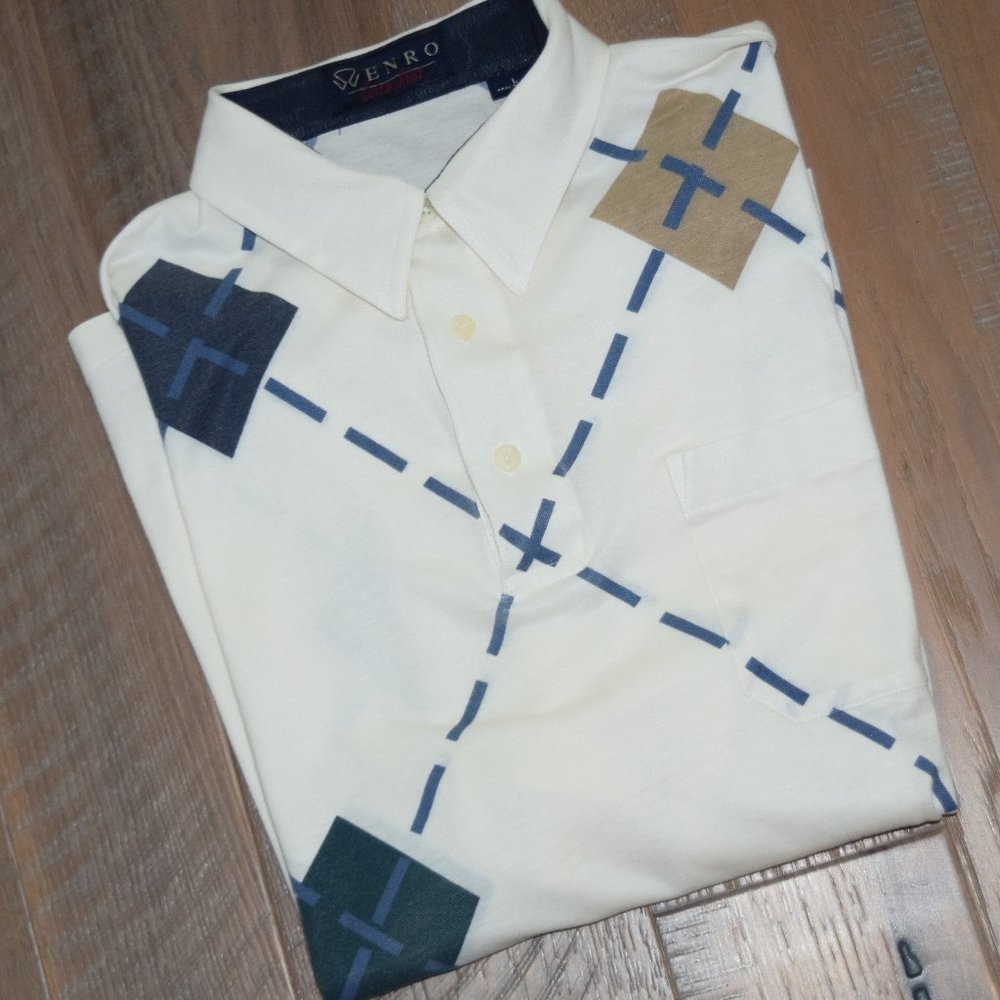 Men's L ENRO Cotton Mist MCM Polo Single Stitch Golf Shirt Argyle Plaid Pocket